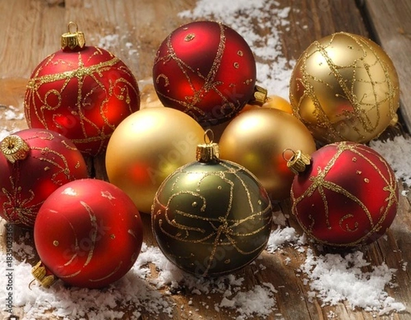 Obraz Close-up illustration of Christmas ornaments hanging on a festive tree branch. Shiny baubles, glittering decorations, and warm holiday lights create a cozy and cheerful Christmas atmosphere