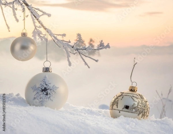 Obraz Close-up illustration of Christmas ornaments hanging on a festive tree branch. Shiny baubles, glittering decorations, and warm holiday lights create a cozy and cheerful Christmas atmosphere