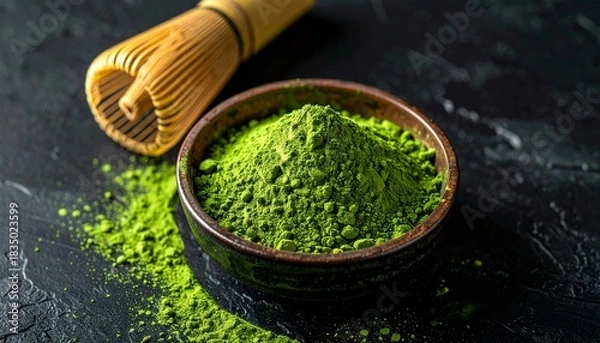 Fototapeta 黒い背景に置かれた鮮やかな抹茶のパウダー、粉末緑茶、高級和風素材