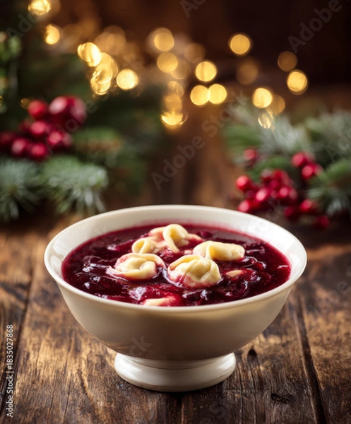 Obraz Christmas Beet Soup with Dumplings – AI Generative