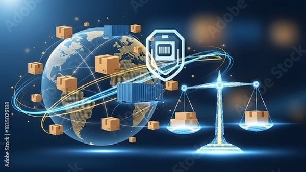 Fototapeta Secure global supply chain management concept balancing international trade laws and digital package tracking technology