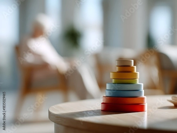 Fototapeta Wooden stacking rings in focus with an elderly person blurred in the background, symbolizing cognitive decline and memory loss in a minimal conceptual style