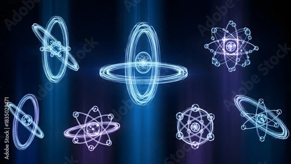 Fototapeta Abstract glowing atomic symbols on a dark background with blue and purple hues, symbolizing science and discovery