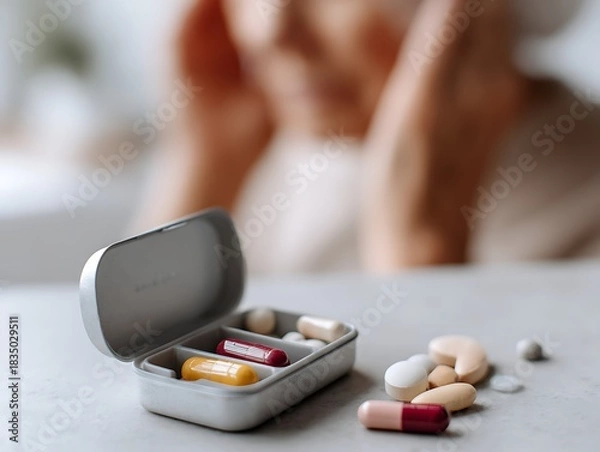 Fototapeta Pill organizer with assorted medication in focus while an elderly person sits blurred behind it, symbolizing dementia treatment routines and dependence on daily medication