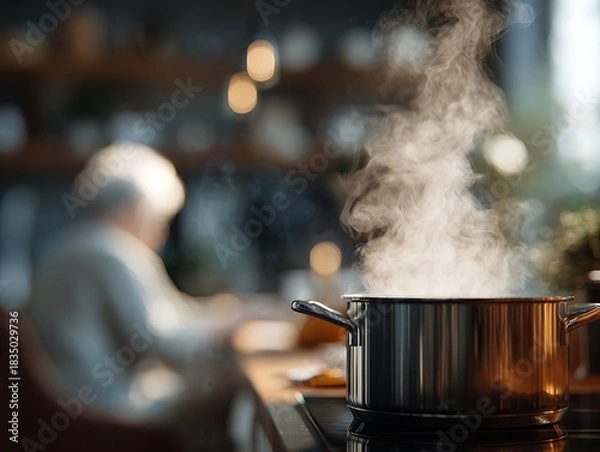 Fototapeta Steam rising from a covered pot on the stove with an elderly figure blurred in the background, symbolizing memory lapses and domestic safety risks in dementia