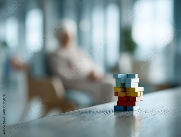 Fototapeta Stacked wooden pieces on a table with an elderly figure unfocused behind them, symbolizing cognitive decline, memory fragmentation, and dementia-related regression