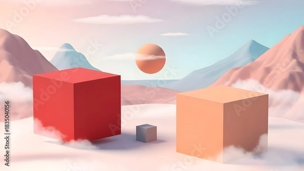 Obraz Abstract dreamscape with cubes mountains clouds and floating sun