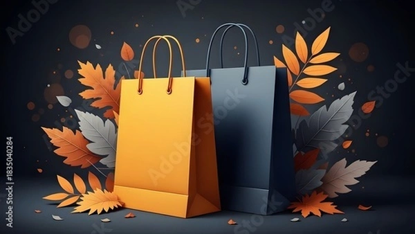 Obraz Fall shopping bags with autumn leaves on dark background