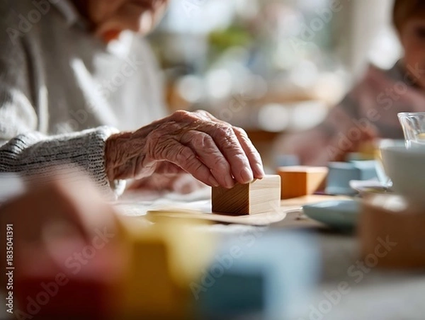 Fototapeta Elderly hands arranging wooden blocks during a cognitive activity, symbolizing dementia therapy, motor training, and memory stimulation