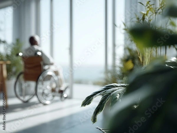Fototapeta Wheelchair user sitting near bright panoramic windows with plants foregrounded, symbolizing dementia isolation, sensory grounding, and orientation challenges