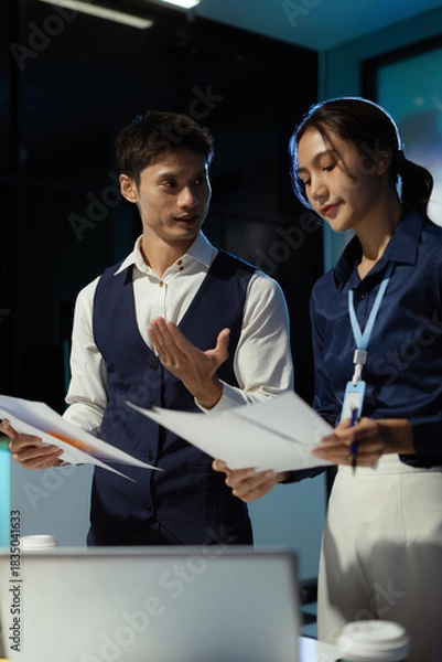 Obraz Financial analysts work overtime analyzing data on tablets, laptops, and graphs. Collaboration, teamwork, and planning.