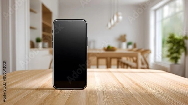 Obraz Smartphone on Wood Table in Bright Kitchen