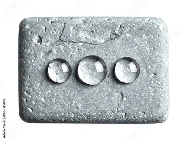 Fototapeta Three clear water drops sit on gray stone rectangle