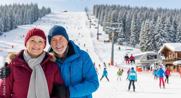 Fototapeta Portrait of a happy senior pensioner with her husband enjoying winter vacation on the background of a ski resort, concept of winter holidays and for the elderly. Hello winter. Pensioner's vacation