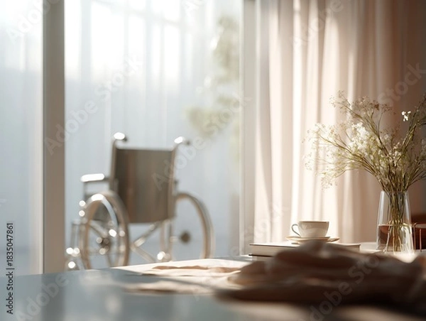 Fototapeta Empty wheelchair by a sunlit window with flowers and a teacup in the foreground, symbolizing dementia absence, waiting, and the quiet rhythm of care