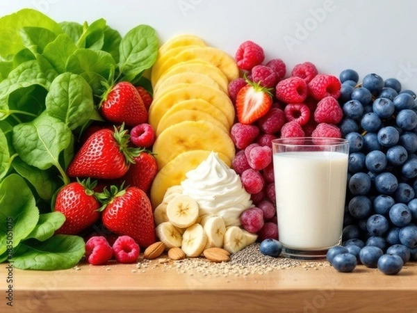 Fototapeta Colorful fresh fruit smoothie ingredients arrangement