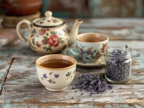 Fototapeta Tea set with lavender on rustic wooden table