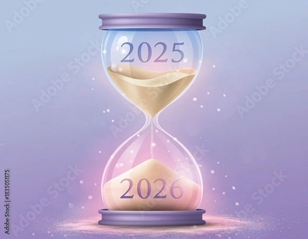 Fototapeta Hourglass with years 2025 and 2026, light and ethereal design