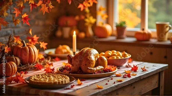 Obraz Cozy Autumn Thanksgiving Feast with Golden Roasted Turkey, Pumpkin Pie, Pumpkins, and Maple Leaves on a Rustic Table