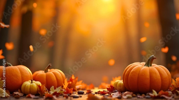 Obraz Harvest season arrangement of pumpkins and colorful autumn leaves bathed in golden sunlight with a bokeh forest backdrop.