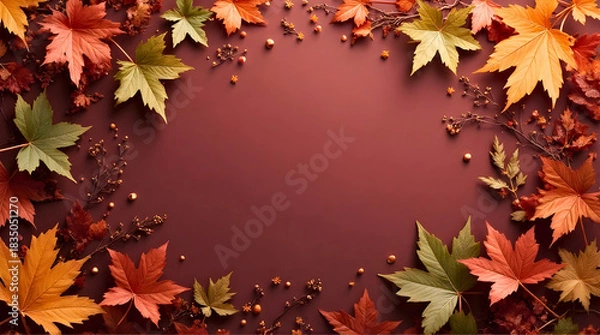 Obraz Vibrant Autumn Maple Leaves and Twigs Framing a Rich Maroon Background with Copy Space