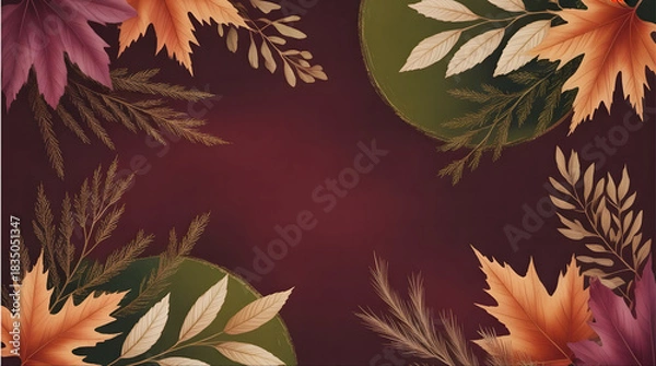 Obraz Elegant Autumn Foliage Frame on Rich Burgundy Background with Golden Botanical Accents