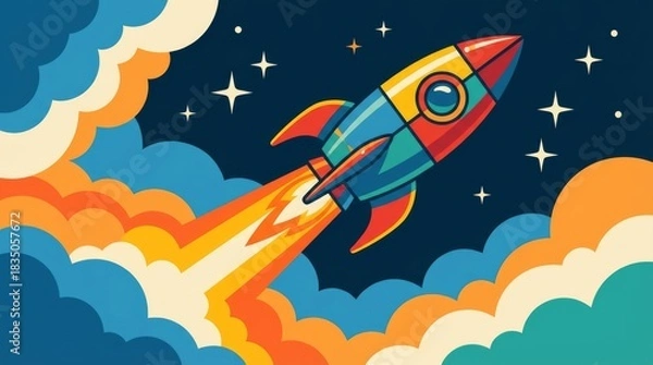 Obraz Colorful stylized rocket ship launches through vibrant clouds into a starry night sky, symbolizing innovation, adventure, creativity, progress, and exploration.