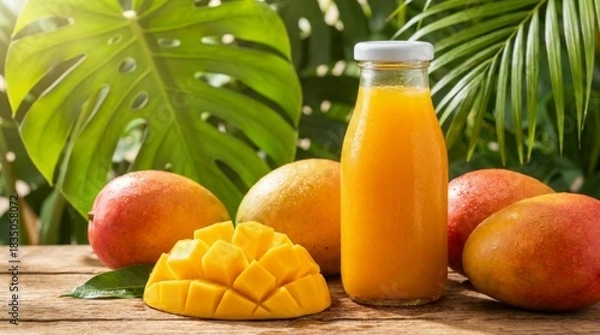 Obraz Tropical arrangement featuring a bottle of fresh mango juice with a white metal cap, surrounded by ripe mangoes and diced mango, set against vibrant green palm leaves.
