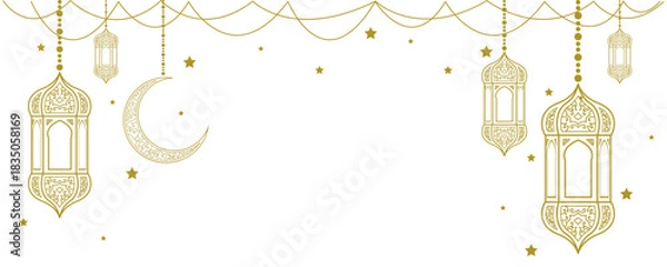 Fototapeta Islamic Background with Gold lanterns a crescent moon and stars on white.