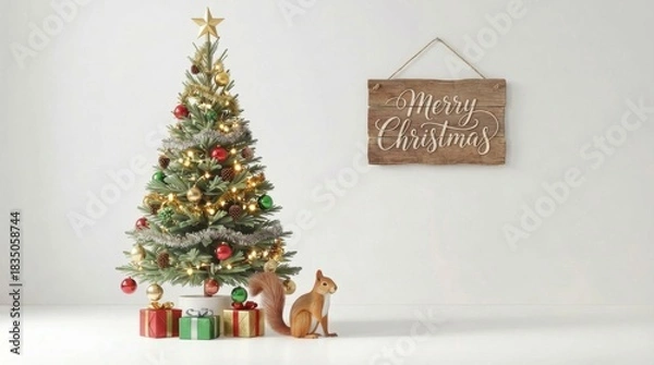 Obraz Decorated Christmas tree with sparkling lights, baubles, and gifts, featuring a cute squirrel and three small gift boxes underneath, next to a Merry Christmas wooden sign. Copy space