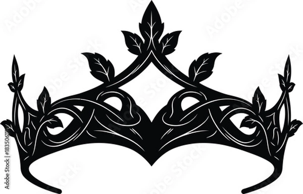 Fototapeta Black ornate crown with leaf motifs and interwoven patterns on a white background tiara