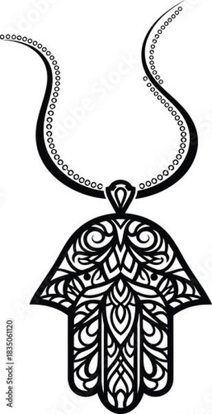 Fototapeta Black hamsa hand pendant necklace with intricate patterns on white background amulet