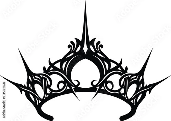 Fototapeta Black ornate gothic tiara with sharp spikes and swirling decorative elements on white background crown