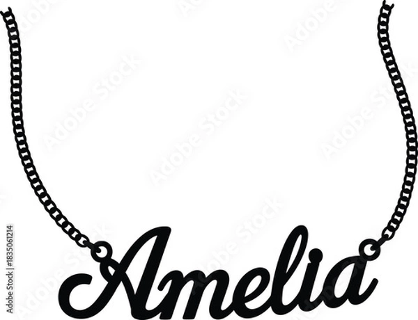 Fototapeta Black Script Name Necklace Pendant ' Amelia' on White Background Keywords: amelia, name, necklace, pendant, jewelry, script, font, lettering, personalized, custom