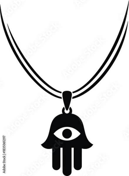 Fototapeta Black silhouette of a Hamsa hand pendant with an eye on a necklace chain on a white background