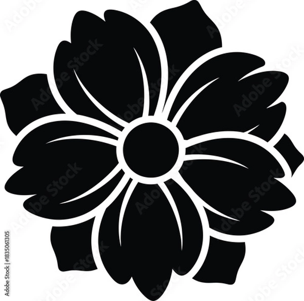 Fototapeta Black silhouette of a multi-petaled flower with a central circle on a white background illustration