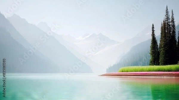 Obraz Lake Louise Tranquility: Mountains, Trees, and Water