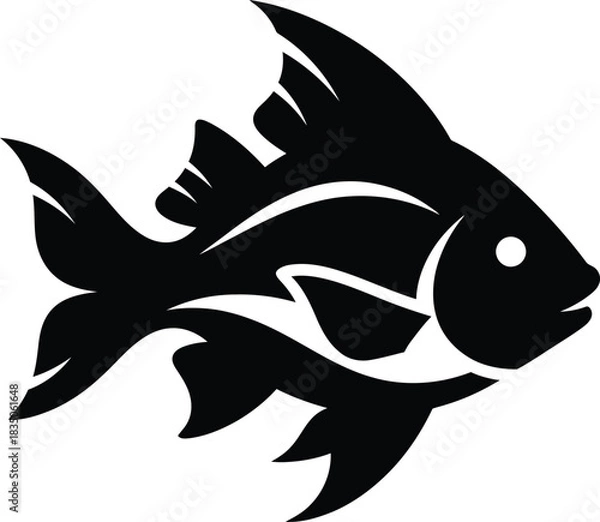 Fototapeta Stylized black silhouette of a fish with flowing fins and tail on a white background illustration