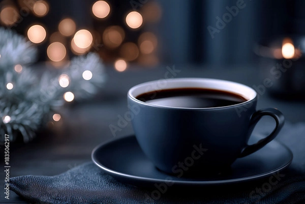 Obraz クリスマスな雰囲気の黒いカップに入ったコーヒー