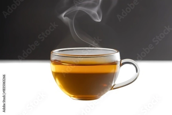 Fototapeta Enjoy a steaming cup of golden tea in a clear glass mug for ultimate relaxation and comfort, perfect for a cozy break or mindful moment of self-care