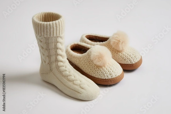 Fototapeta Indulge in cozy comfort with these adorable knitted slippers and socks, perfect for relaxing evenings at home after a long day, promising warmth and relaxation