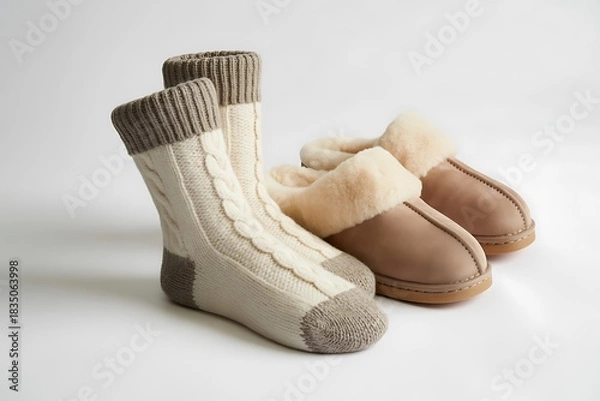 Fototapeta Enjoy cozy relaxation with warm woolen socks and comfy plush slippers, perfect for a relaxing day at home during fall or winter, offering ultimate comfort and style
