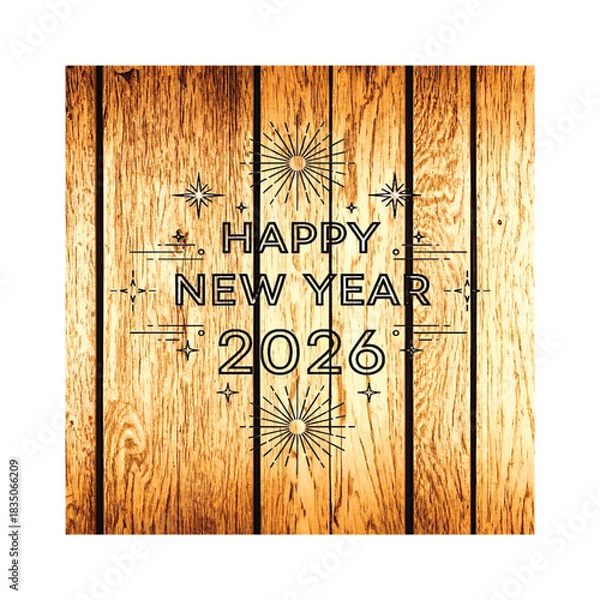 Obraz Happy New Year 2026 Rustic Wood Sign with Vintage Line Art Fireworks