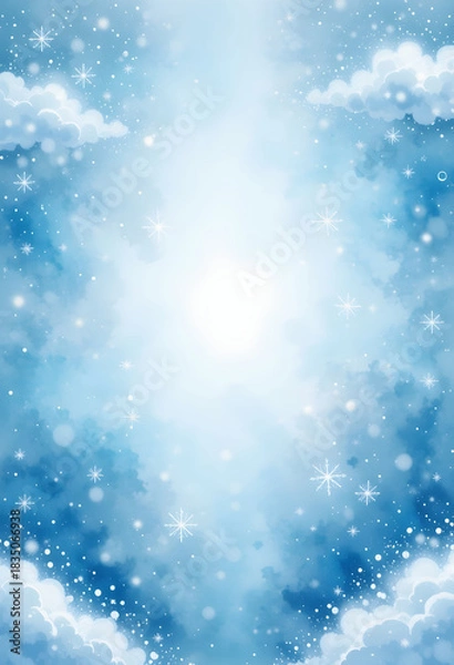 Fototapeta Child-friendly winter background with soft snow clouds fluffy snowflakes and pastel blue tones