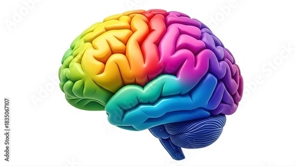 Obraz Colorful human brain illustration showing different lobes and functions isolated on white background