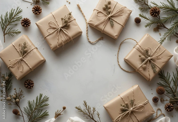 Fototapeta Christmas gifts wrapped in craft paper with pine branches cones and dried botanicals in warm tones