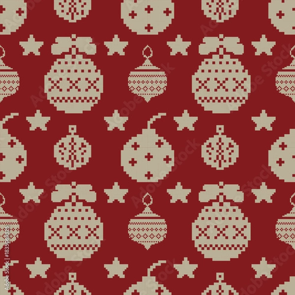 Obraz Seamless pattern with ringbell cross stich knited  vector illustration design for holiday decoration wallpaper 