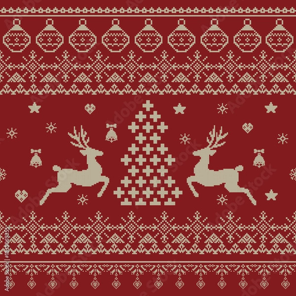 Obraz Deer and Christmas tree pixel knited, cross stich seamless pattern Christmas winter, festive, Ethnic style