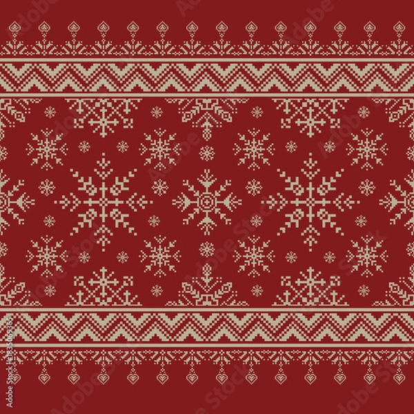 Obraz Christmas knit print  with snowflakes and fir.  knitting, winter holiday sweater design. Vector Illustration.