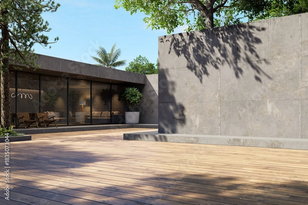 Obraz Modern loft style empty outdoor terrace with wooden deck and concrete walls 3D render